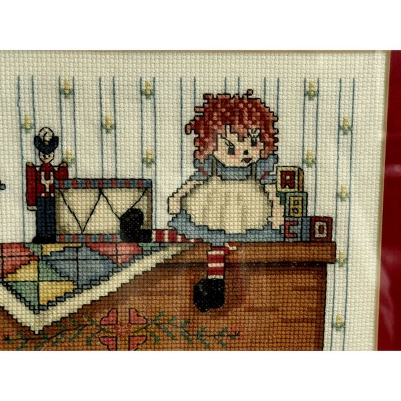 Completed Framed w Mat Cross Stitch Nursery Chest Raggety Ann Teddy Vtg Toys - Picture 3 of 7